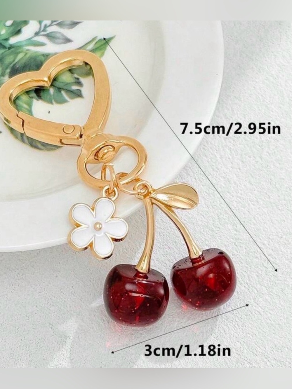 Cherry & Flower Gold Bag Charm With Heart Shaped Clasp - Picture 3 of 7
